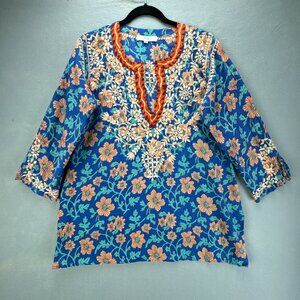 Amaya Textiles Top Womens 42 M/L Blue Pullover Floral Embroidered Thin Cotton